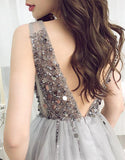 Luxurious Sequins Beaded V Neck Tulle Short V Back Gray Prom Dress Homecoming Dress RJS762 Rjerdress