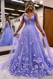 Luxury Ball Gown Tulle Spaghetti Straps 3D Flower Prom Dresses with Cape