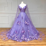 Luxury Ball Gown Tulle Spaghetti Straps 3D Flower Prom Dresses with Cape Rjerdress