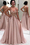 Luxury Beaded Long Prom Dresses, A-Line Popular Appliques Evening Dresses Rjerdress