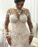 Luxury Crystal Beaded Appliques Mermaid High Neck Long Sleeves Wedding Gowns Rjerdress