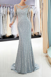 Luxury Mermaid Crystal Sweep Train Long Sleeves Prom Dresses Beaded Evening Dresses