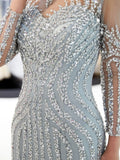 Luxury Mermaid Crystal Sweep Train Long Sleeves Prom Dresses Beaded Evening Dresses Rjerdress