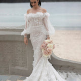 Luxury Mermaid Off Shoulder Sequin 3D Flowers Long Puff Sleeve Wedding Dresses Rjerdress