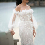 Luxury Mermaid Off Shoulder Sequin 3D Flowers Long Puff Sleeve Wedding Dresses Rjerdress