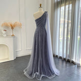 Luxury One Shoulder Tulle Beaded Slit Prom Dress with Cape Rjerdress