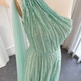 Luxury One Shoulder Tulle Beaded Slit Prom Dress with Cape Rjerdress