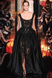 Luxury Pearls Prom Dresses Split Spaghetti Black Lace Formal Dresses Evening Gown rjs840 Rjerdress