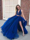 Luxury Royal Blue Tulle Sequins V-neck Two Piece Prom Dress Evening Dress RJS810