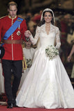 Luxury Wedding Dresses A-Line V-Neck Satin Royal Train Long Sleeves Rjerdress