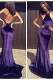 Luxury purple satins halter simple slim mermaid long evening dresses backless dresses Rjerdress
