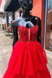 A-Line/Princess Spaghetti Straps Sleeveless Sweep/Brush Train Beading Tulle Tiered Prom Dresses