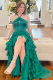 Backless Prom Gown Open Back Halter Tiered Chiffon Evening Dress