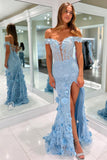 Off The Shoulder Mermaid With 3D Flowers Slit Ruffles Prom Evening Dresses Sweep Train