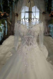 Marvelous Bling Wedding Dresses Scoop Neck With Long Sleeves Appliques Lace Up Rjerdress