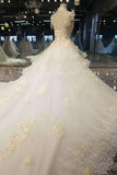 Marvelous Floral High Neck Bridal Dresses Lace Up Back Handmade Flowers Royal Train Rjerdress