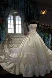 Marvelous High-End Satin Strapless Bridal Dresses Lace Up With Beads Royal Train Rjerdress
