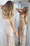 Mermaid Ankle Length Pearl Pink Spaghetti Straps V Neck Sequins Split Prom Dresses Rrjs09 Rjerdress