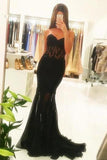 Mermaid Black Lace Strapless Sweetheart Prom Dresses Cheap Evening Dresses rjs725