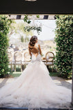 Mermaid Boat Neck Chapel Train Ivory Tulle Sleeveless Wedding Dress with Appliques Ruffles Rjerdress
