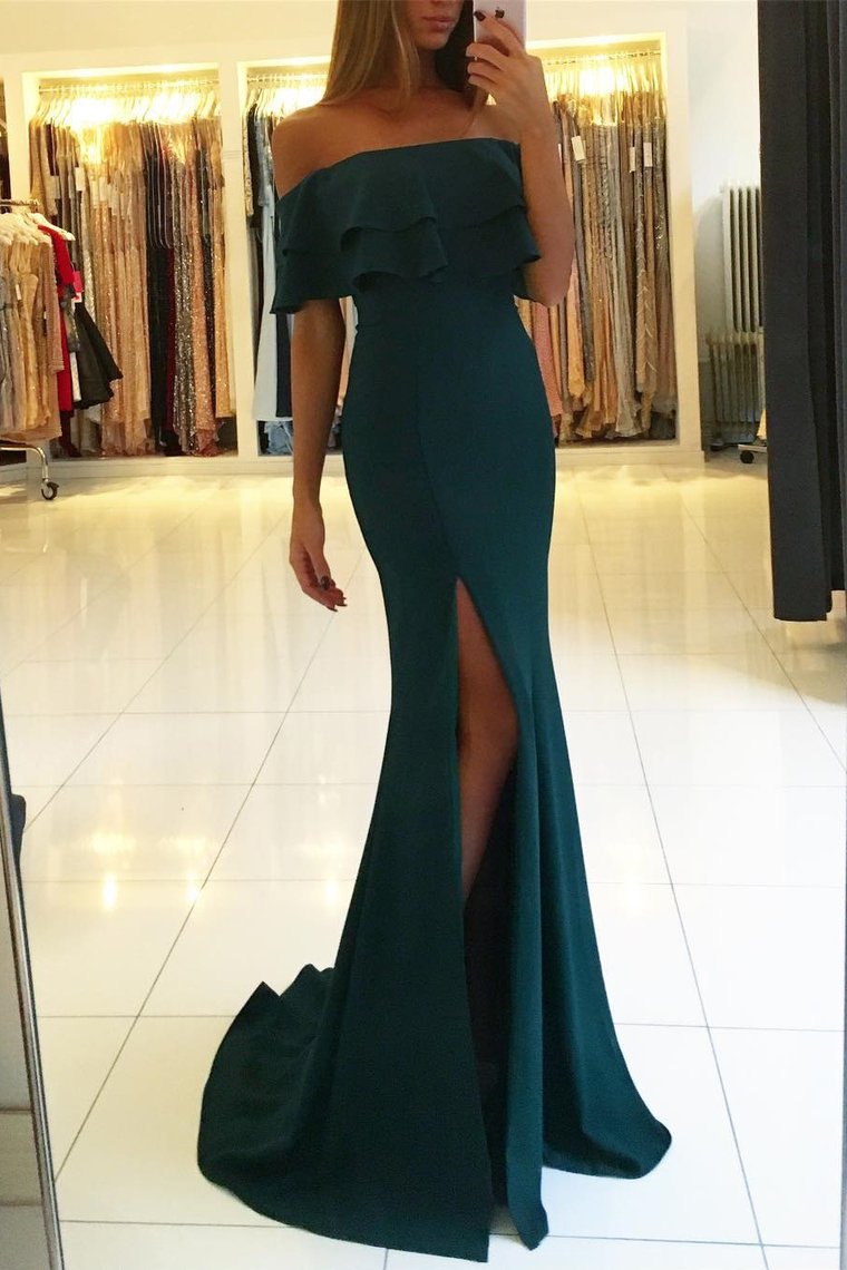 Mermaid Boat Neck Prom Evening Dresses With Slit Sweep Train Rjerdress