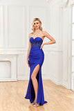 Mermaid/Bodycon Strapless/Sweetheart Satin Beaded Lace Appliques Prom Dresses with Slit Rjerdress