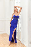 Mermaid/Bodycon Strapless/Sweetheart Satin Beaded Lace Appliques Prom Dresses with Slit Rjerdress