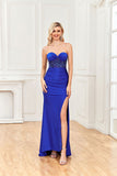 Mermaid/Bodycon Strapless/Sweetheart Satin Beaded Lace Appliques Prom Dresses with Slit