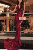 Mermaid Burgundy Side Slit V Neck Spaghetti Straps Prom Dresses Formal Dresses RJS832