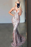 Mermaid Criss Cross Deep V Neck Gold Prom Dresses Sequins Long Prom Dresses RJS534