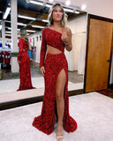 Mermaid Cut Out Red One Shoulder Sequin Prom Dress With Front Split Rjerdress