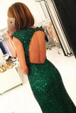 Mermaid Dark Green Open Back Long Cap Sleeves Split-Front Prom Dresses with Sequins RJS255 Rjerdress