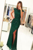 Mermaid Dark Green Open Back Long Cap Sleeves Split-Front Prom Dresses with Sequins RJS255