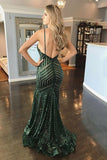 Mermaid Dark Green Spaghetti Straps Sequins Open Back Prom Dresses Rjerdress