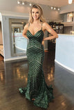 Mermaid Dark Green Spaghetti Straps Sequins Open Back Prom Dresses