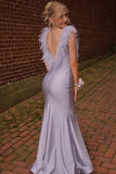 Mermaid Deep V Neck Beaded Prom Dress with Feathers 