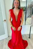 Mermaid Deep V Neck Beaded Prom Dress with Feathers