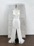 Mermaid Deep V-Neck Criss-Cross Straps Split Sweep Train White Lace Prom Dresses RJS283 