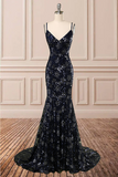 Mermaid Deep V Neck Royal Blue Lace Appliques Backless Spaghetti Straps Prom Dresses RJS893 