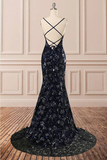 Mermaid Deep V Neck Royal Blue Lace Appliques Backless Spaghetti Straps Prom Dresses RJS893 