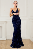 Mermaid Deep V Neck Royal Blue Lace Appliques Backless Spaghetti Straps Prom Dresses RJS893