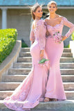 Mermaid Elastic Satin With Applique Off The Shoulder Long Sleeves Bridesmaid Dresses