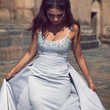 Mermaid Gray Spaghetti Straps Sweetheart Satin Detachable Prom Dresses with Appliques RJS368 