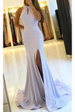 Mermaid Halter Blue Open Back Sleeveless Prom Dresses with Slit Long Dance Dresses RJS708 