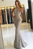 Mermaid High Neck Detachable Lace Sequins Prom Dresses Long Formal Dresses RJS371 