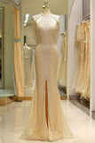 Mermaid High Neck Floor Length Split Gold Prom Dresses with Sequins Beading RJS79