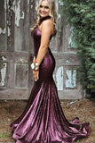Mermaid High Neck Purple Sequin Evening Dresses Cheap Sleeveless Prom Dresses RJS514