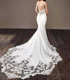 Mermaid Ivory Spaghetti Straps V Neck Wedding Dresses Lace Satin Bride Dresses 