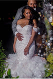Mermaid Lace Off the Shoulder V Neck Ivory Wedding Dresses with Appliques BrideGowns