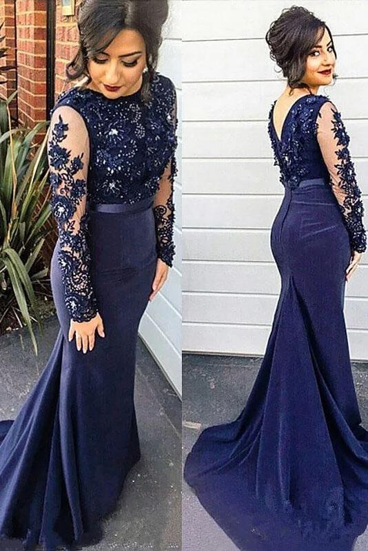 Mermaid Lace Scoop Navy Blue Beads High Neck Long Sleeve Plus Size Prom Dresses RJS161 Rjerdress